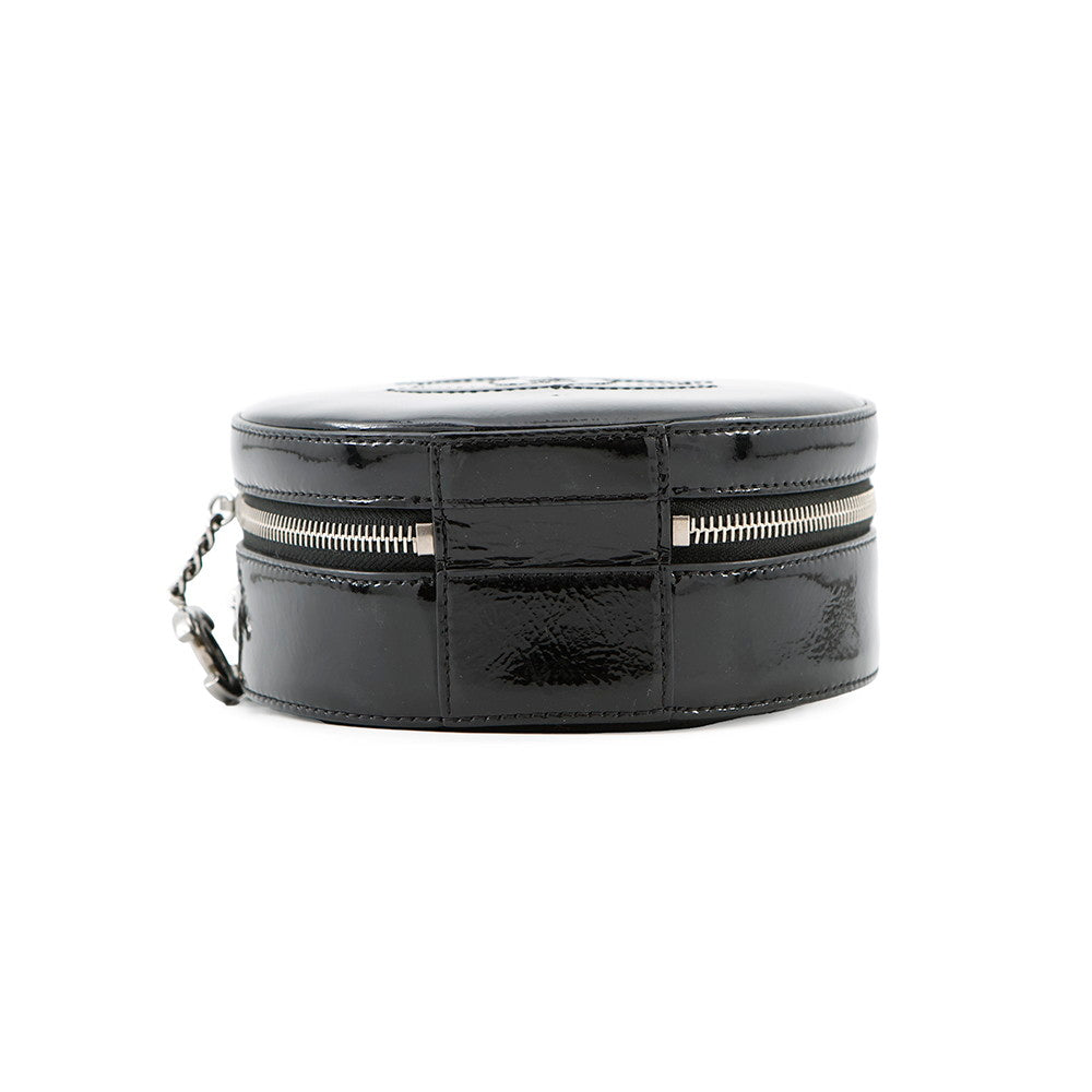 CHANEL Double Chain Round Shoulder Bag Black Patent Leather