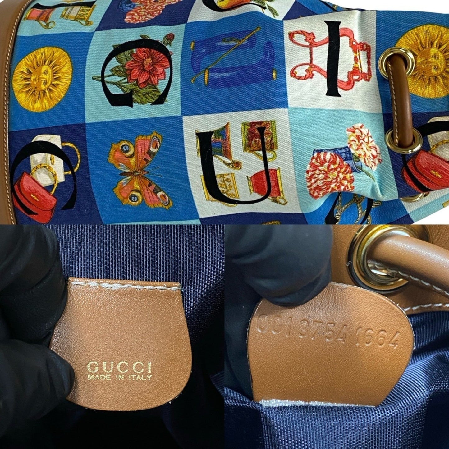 Gucci Blue Brown Leather Canvas Backpack Shoulder Bag