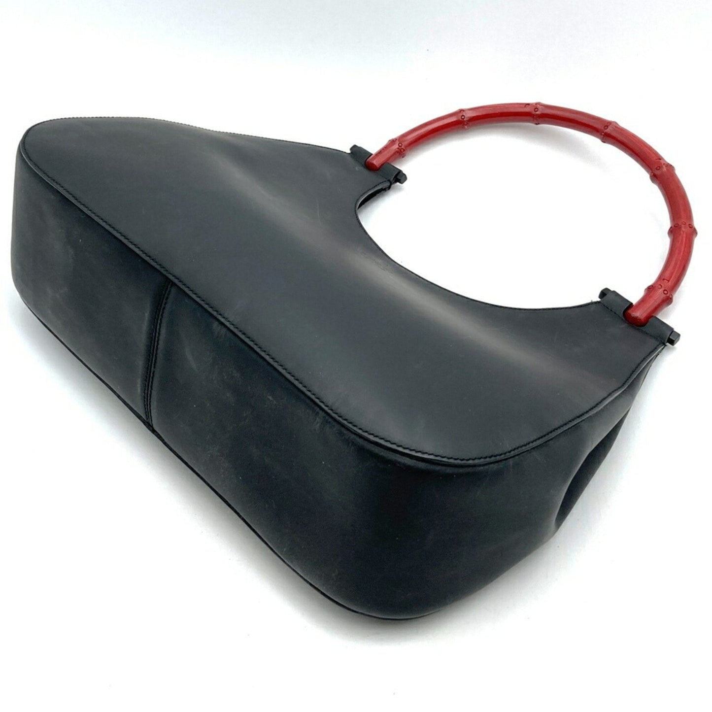 Gucci Black Red Color Leather Bamboo Shoulder Bag