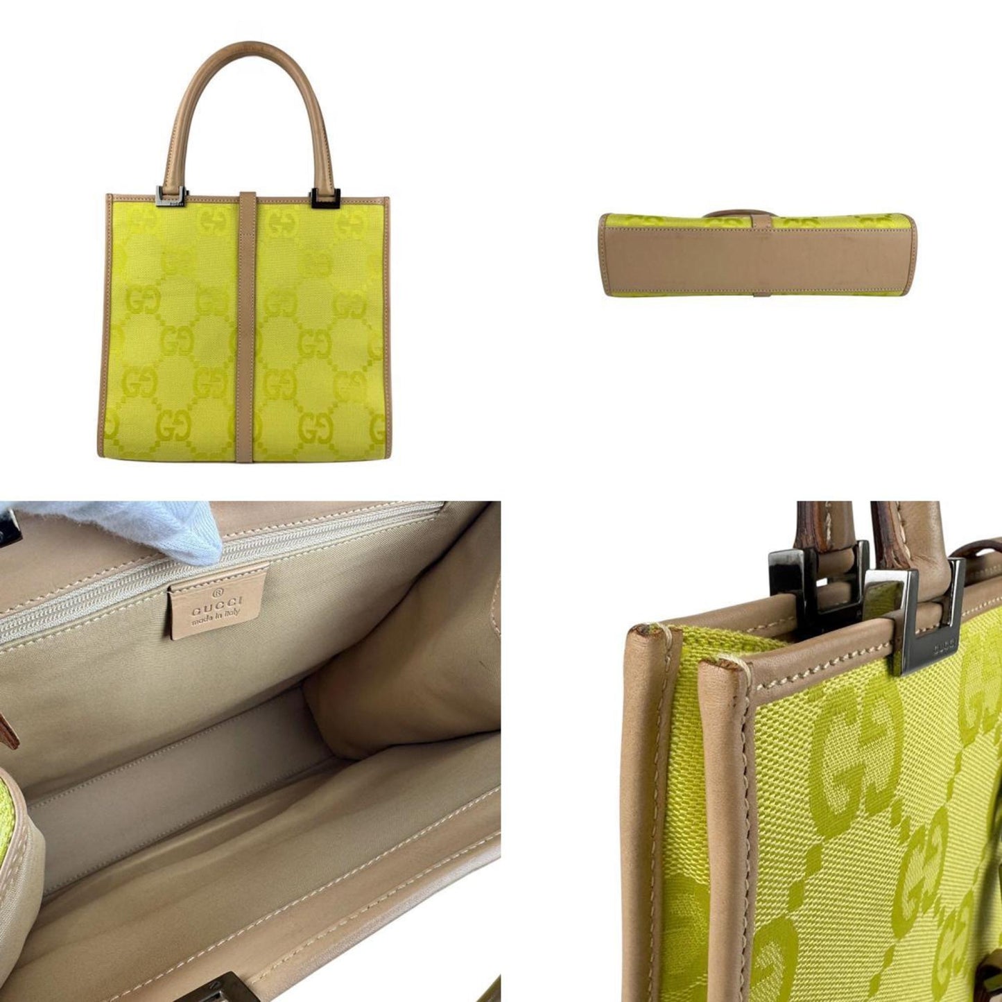 Gucci Beige Green Yellow Nylon Canvas Leather Handbag Shoulder Bag