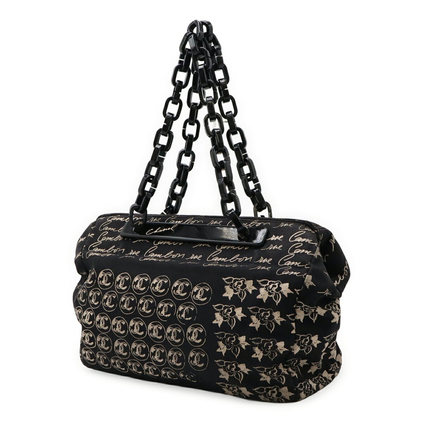 Chanel Black Pale Pink Canvas Plastic Shoulder Bag Tote Bag