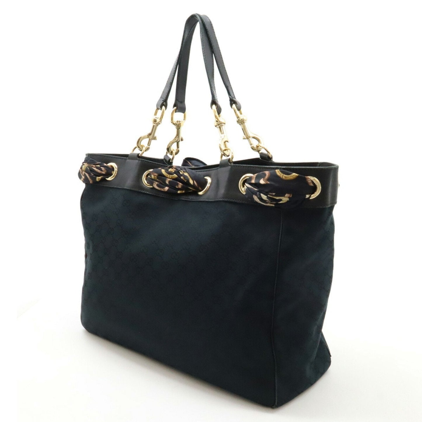 Gucci Black Gg Canvas Leather Shoulder Bag Tote Bag