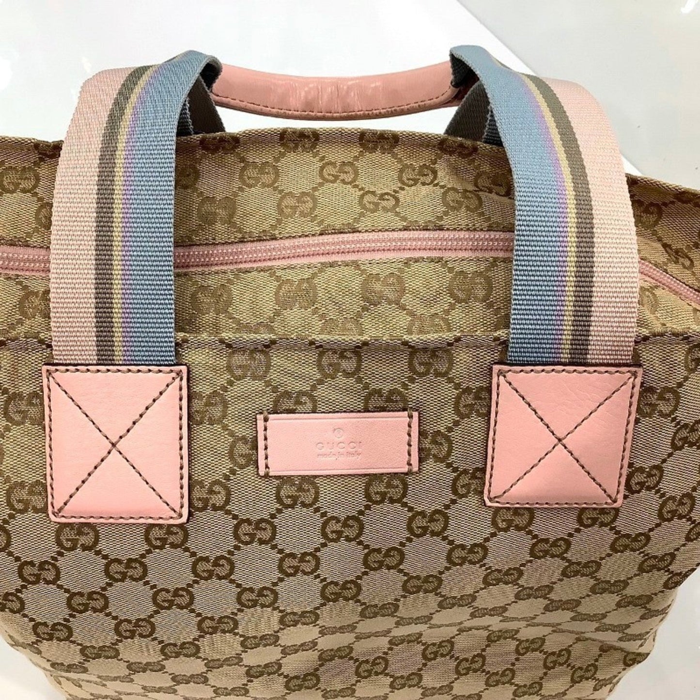 Gucci Sherry Line Beige Pink Canvas Leather Tote Bag