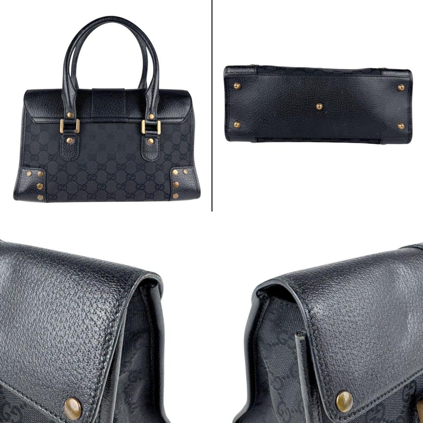 Gucci Black Gg Canvas Leather Handbag