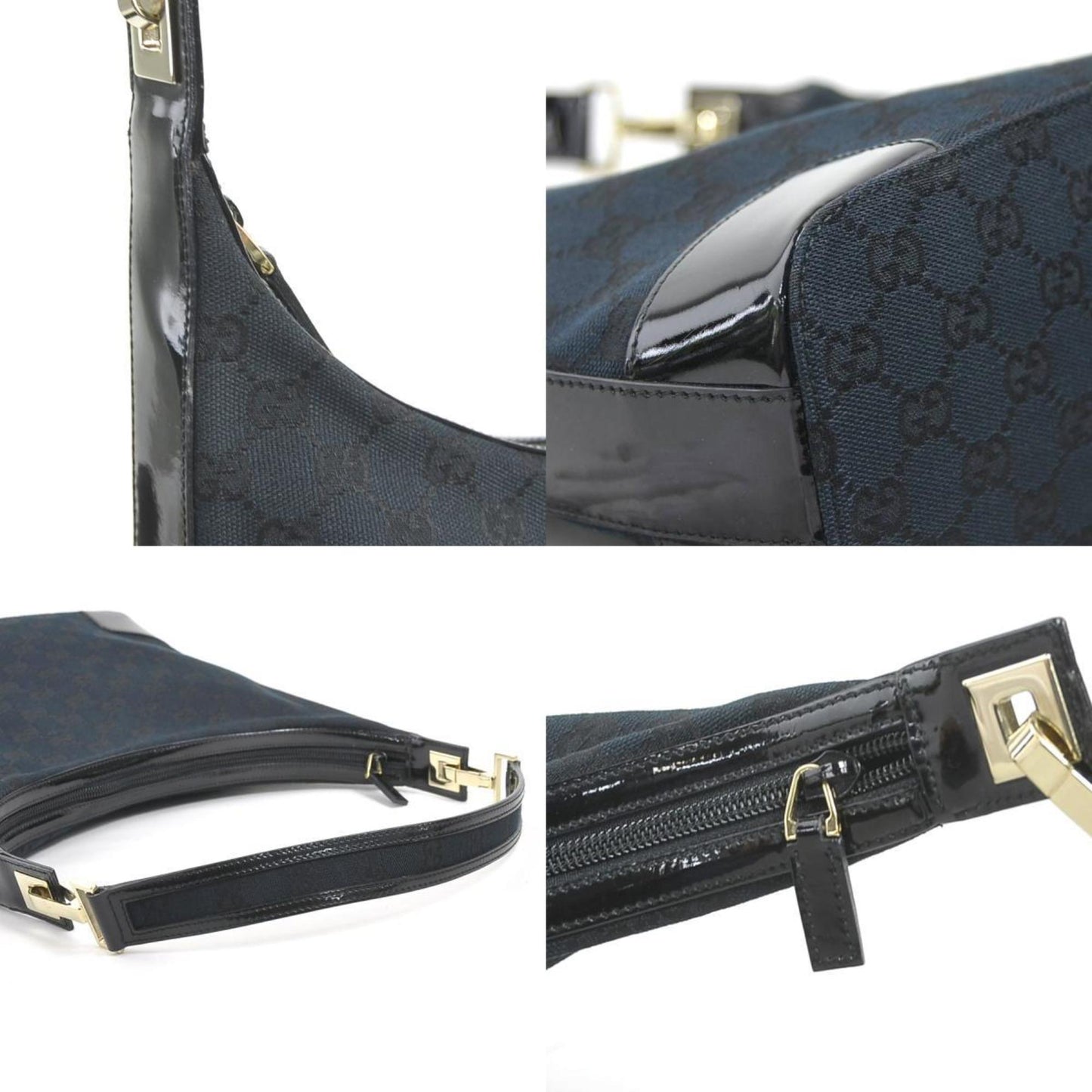 Gucci Black Gg Canvas Patent Leather Shoulder Bag