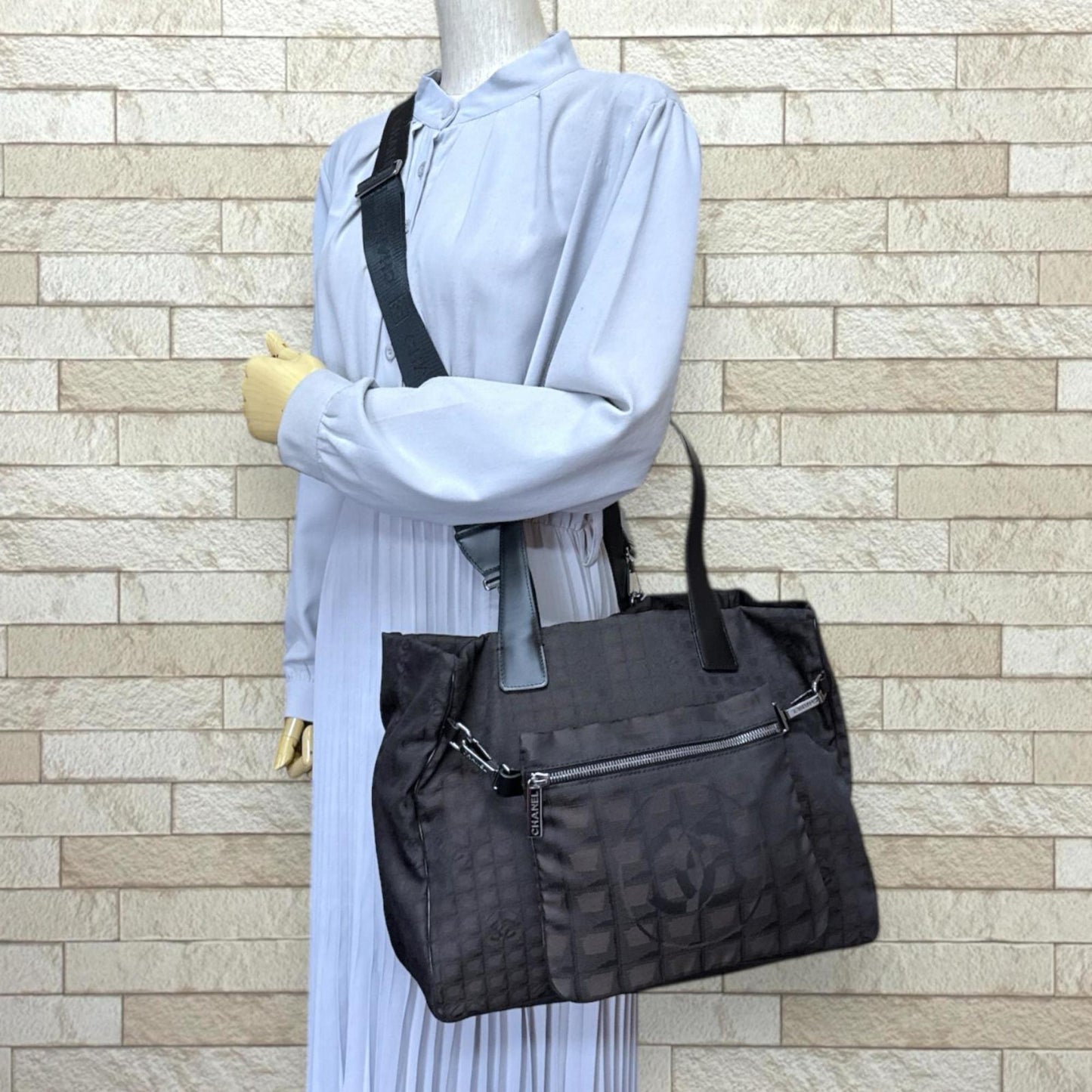 Chanel Black Brown Nylon Jacquard Tote Bag