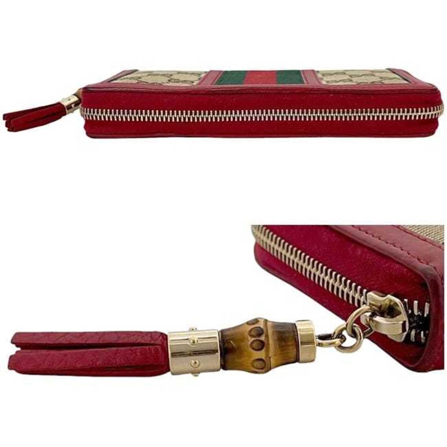 Gucci Beige Red Color Canvas Leather Long Wallet (Bi-Fold)