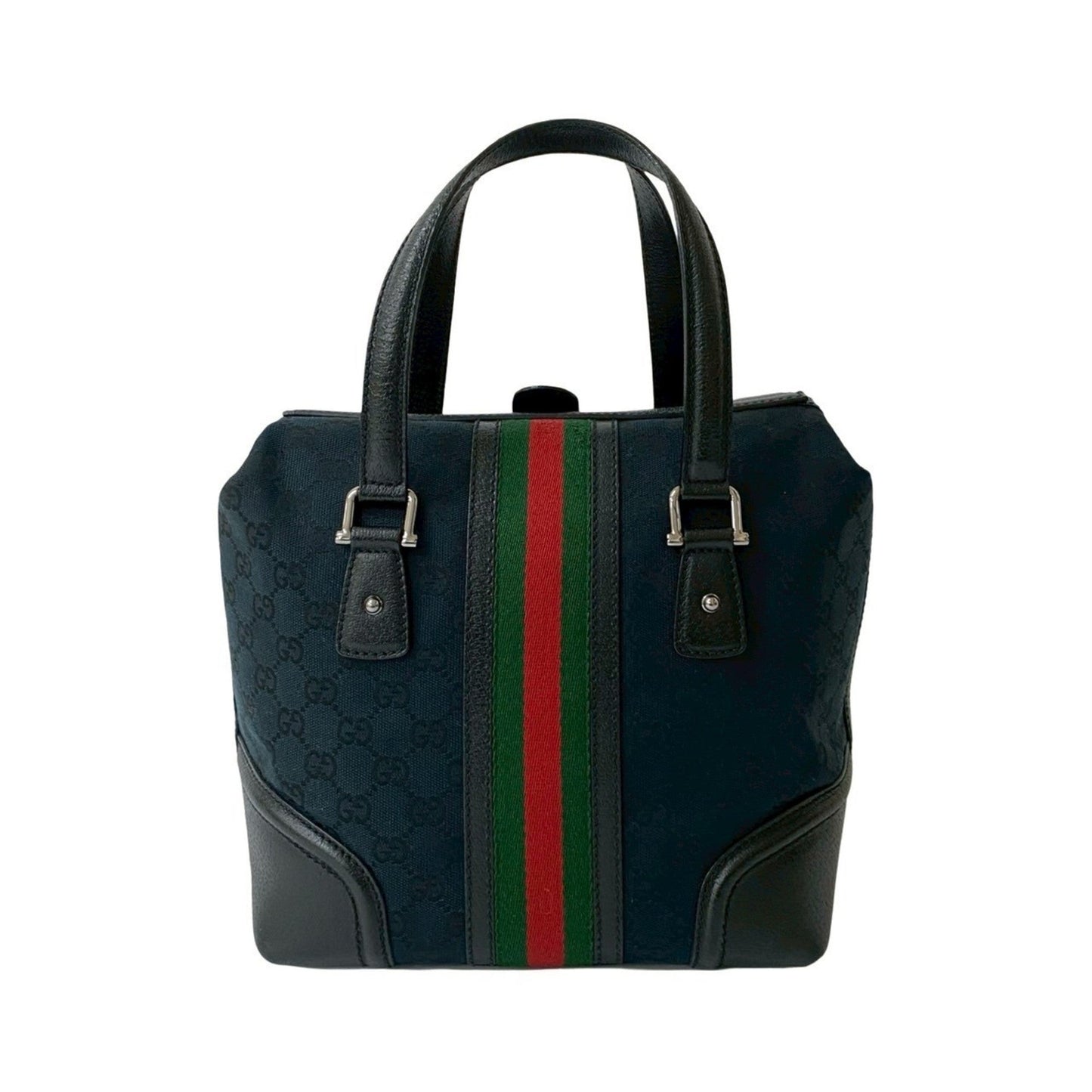 Gucci Black Green Red Color Leather Canvas Boston Bag Handbag