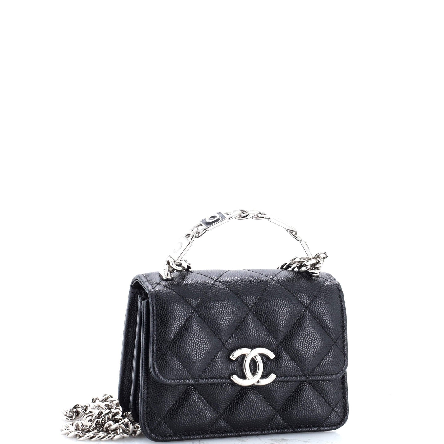 Coco Enamel Top Handle Flap Clutch with Chain Quilted Caviar
