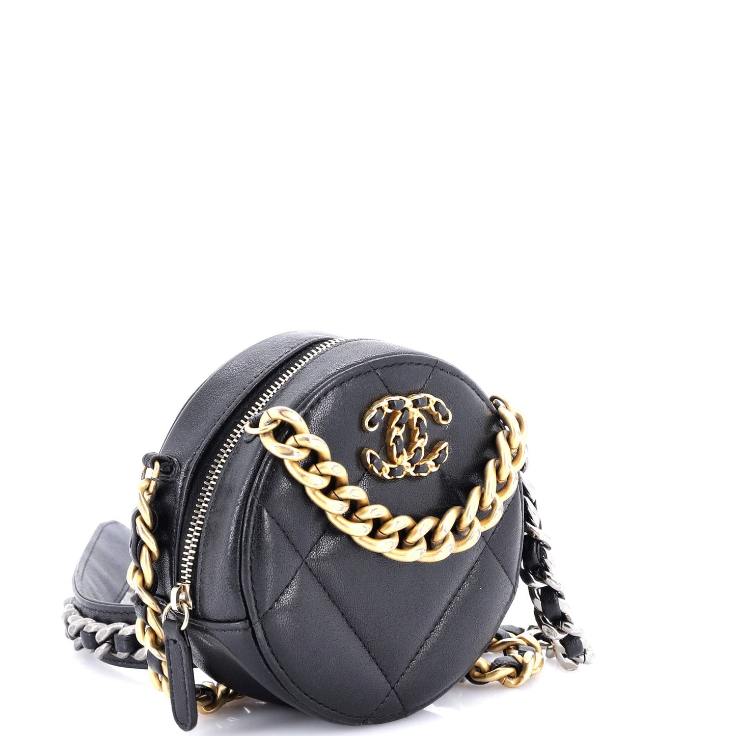 19 Round Clutch with Chain Quilted Leather