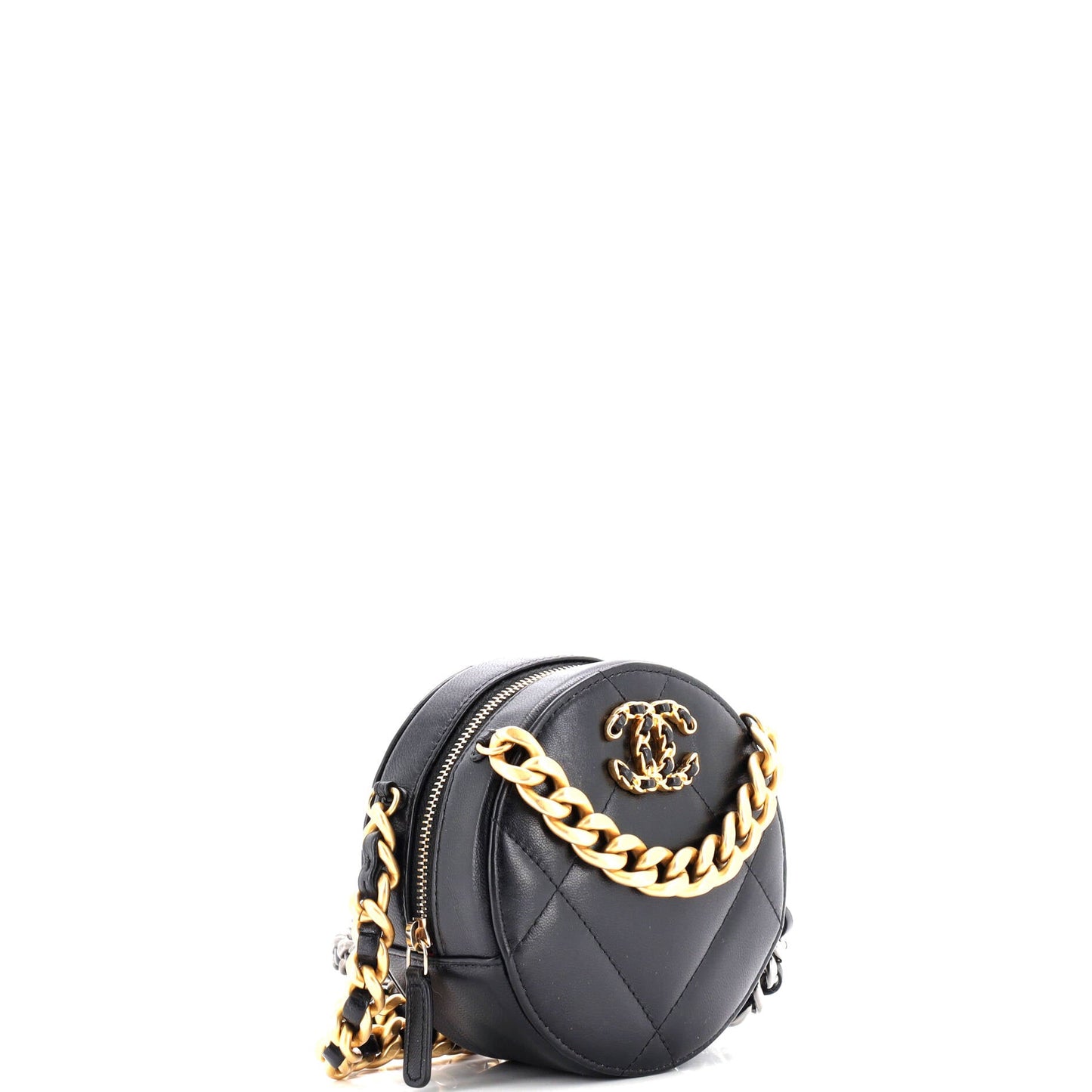 19 Round Clutch with Chain Quilted Leather