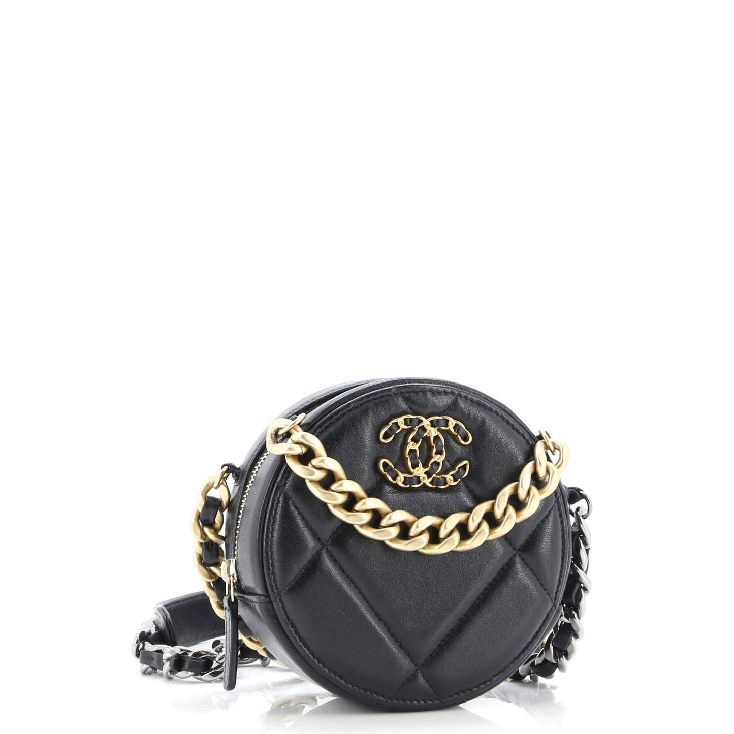 19 Round Clutch with Chain Quilted Leather