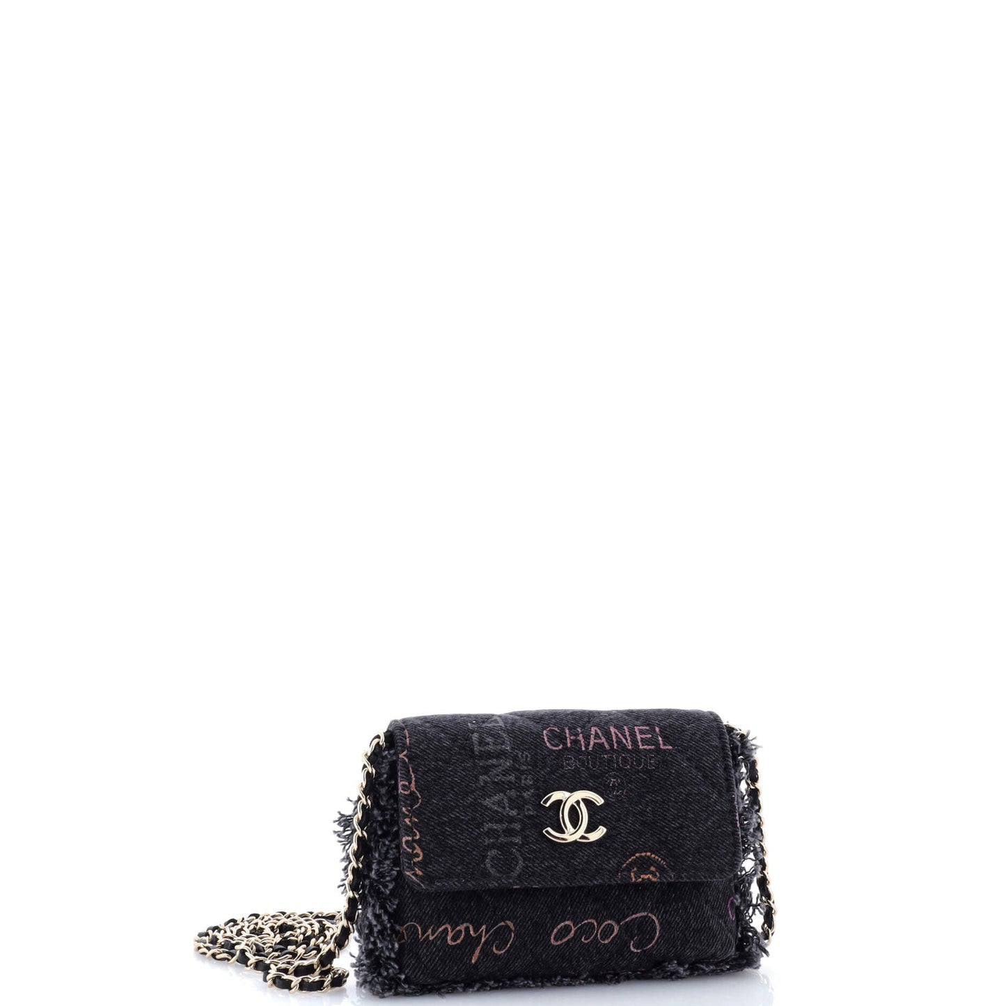Denim Mood Flap Clutch with Chain Logo Printed Quilted Fringe Denim