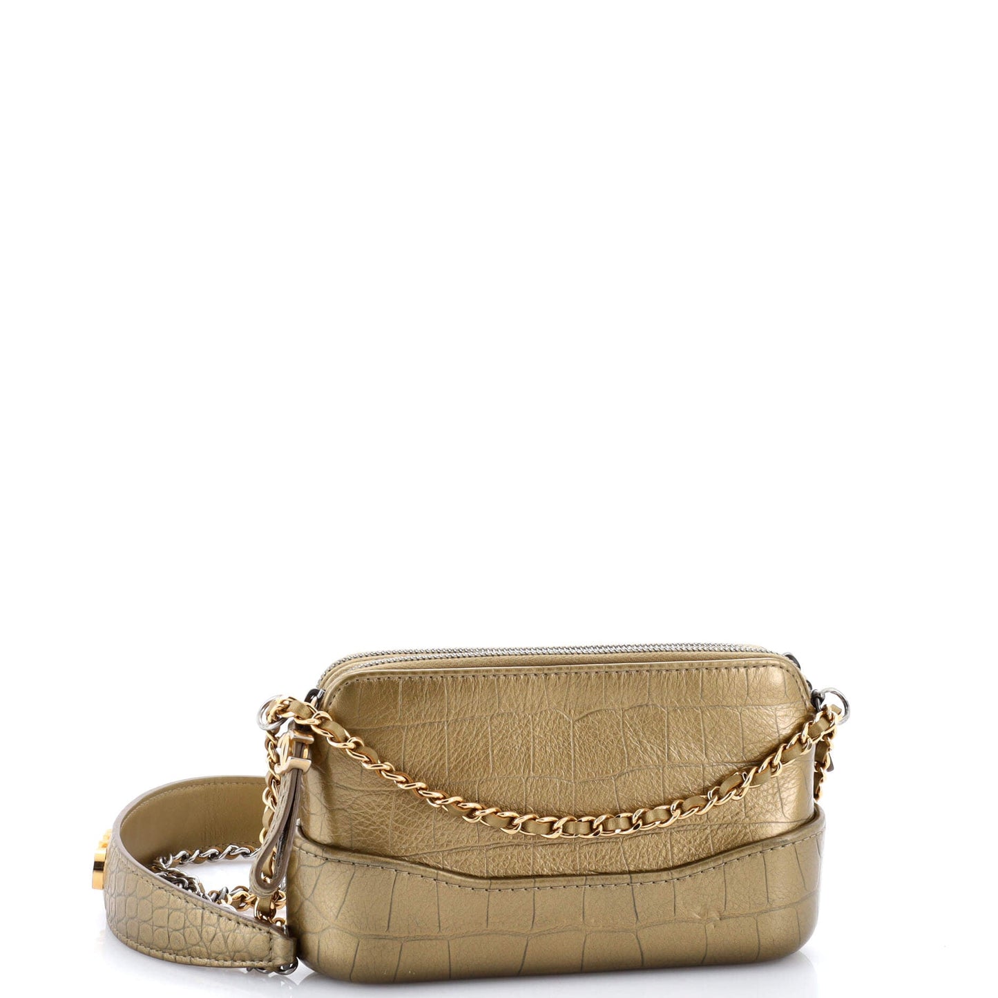 Gabrielle Logo Handle Double Zip Clutch with Chain Crocodile Embossed Calfskin