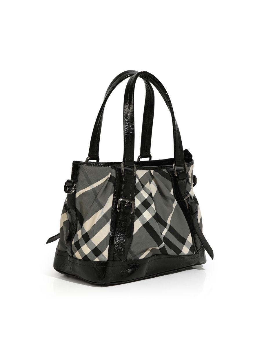 BURBERRY BLACK BEAT CHECK NYLON MEDIUM LOWRY TOTE BAG