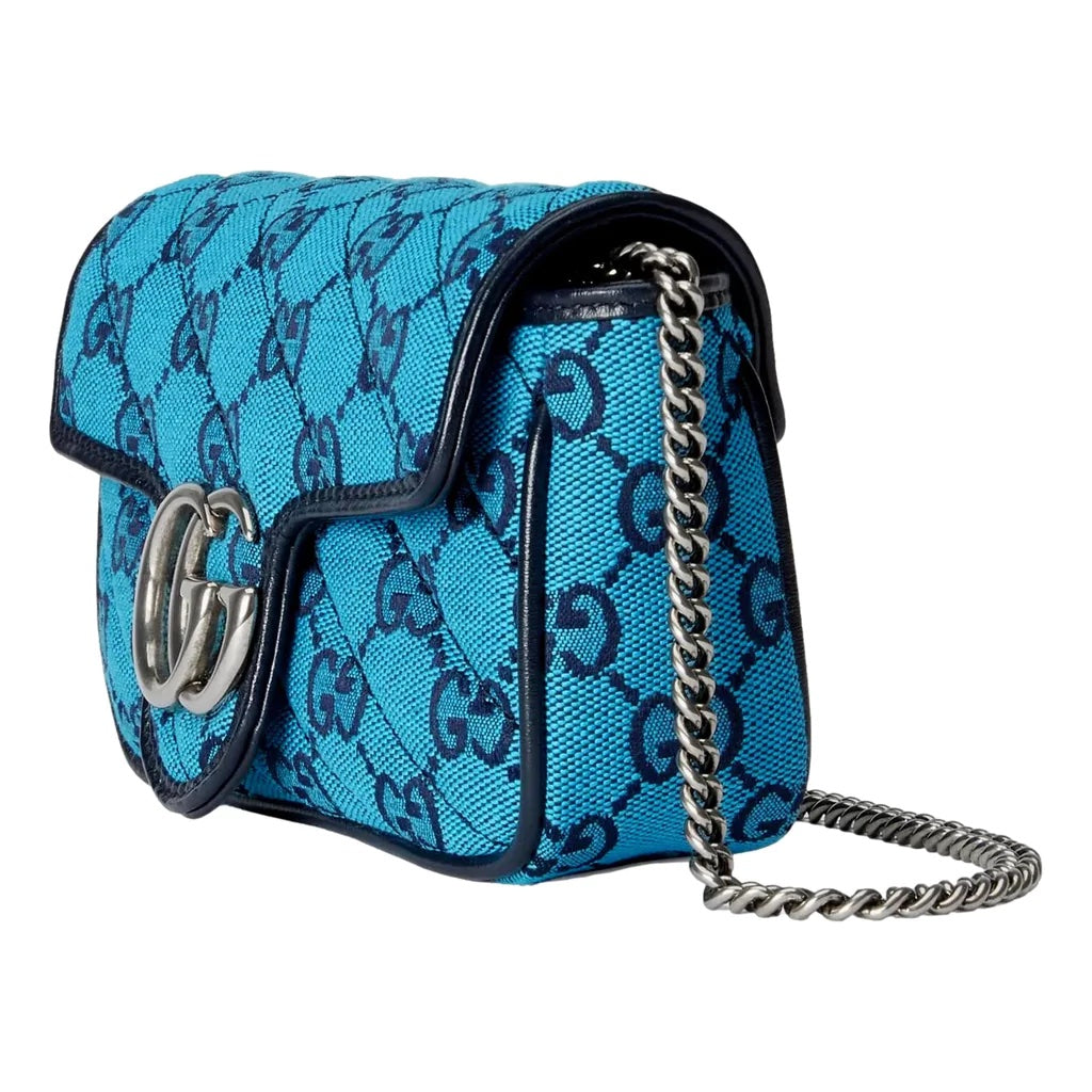 GUCCI GG MARMONT MATELASSE BLUE PRINTED CANVAS SHOULDER BAG
