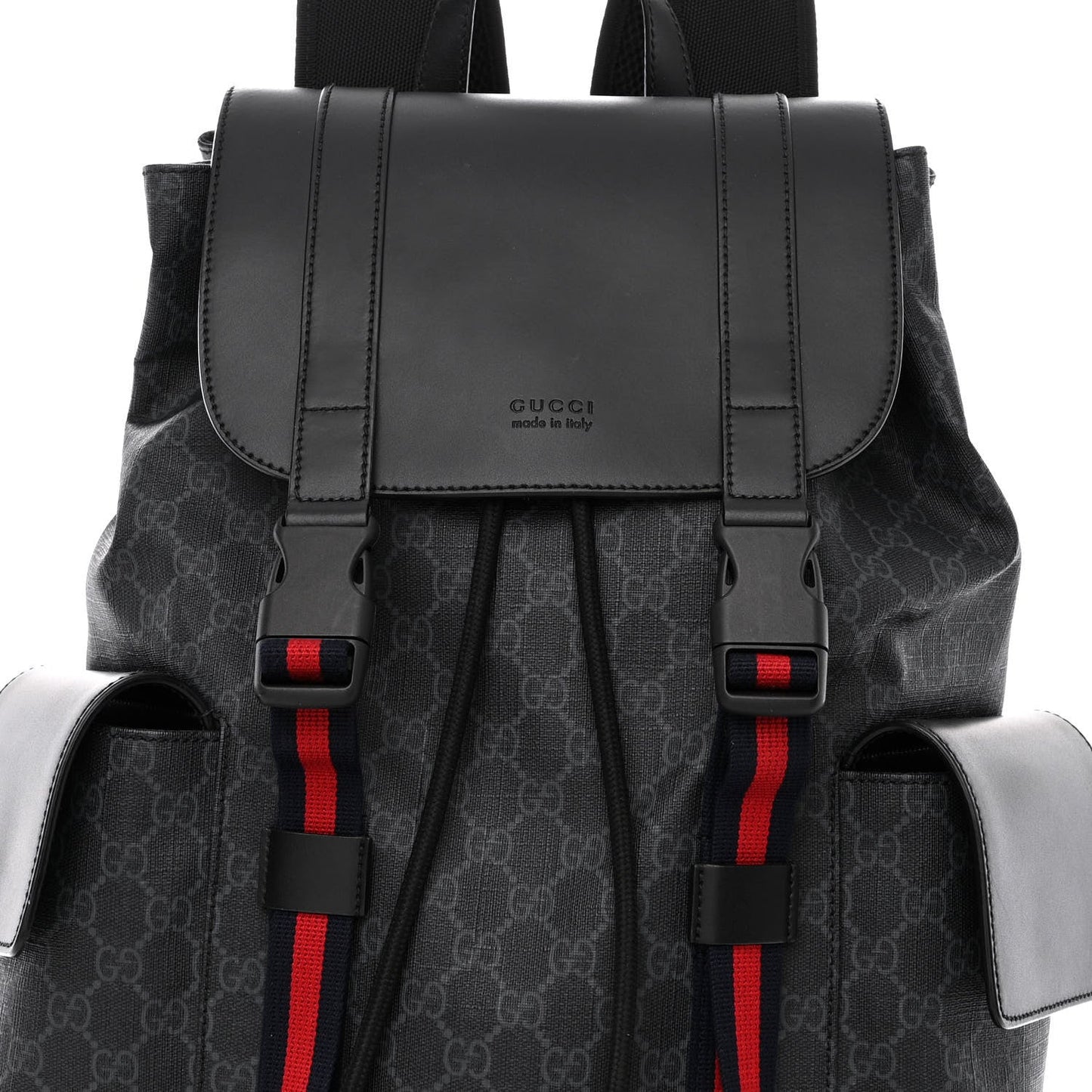 GUCCI GG SUPREME MONOGRAM CALFSKIN WEB DOUBLE BUCKLE BACKPACK