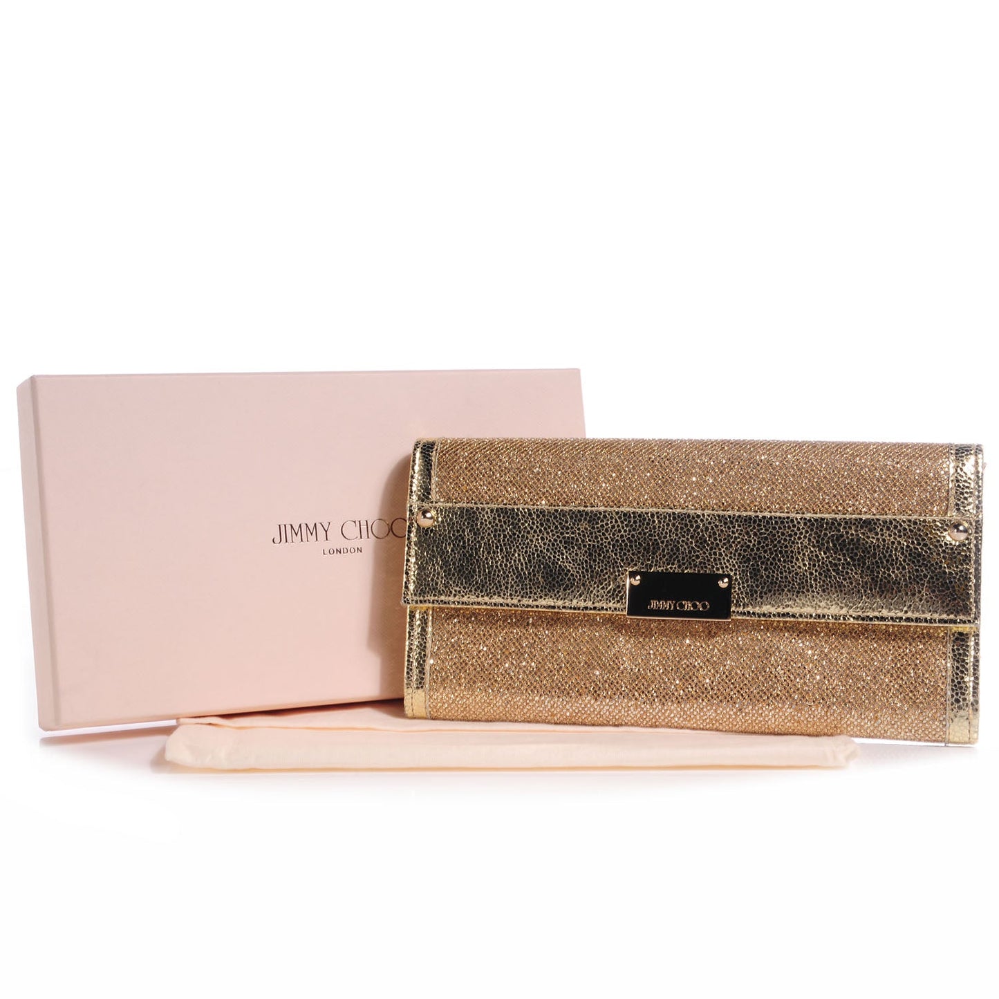 JIMMY CHOO GOLD GLITTER LEATHER REESE CLUTCH BAG