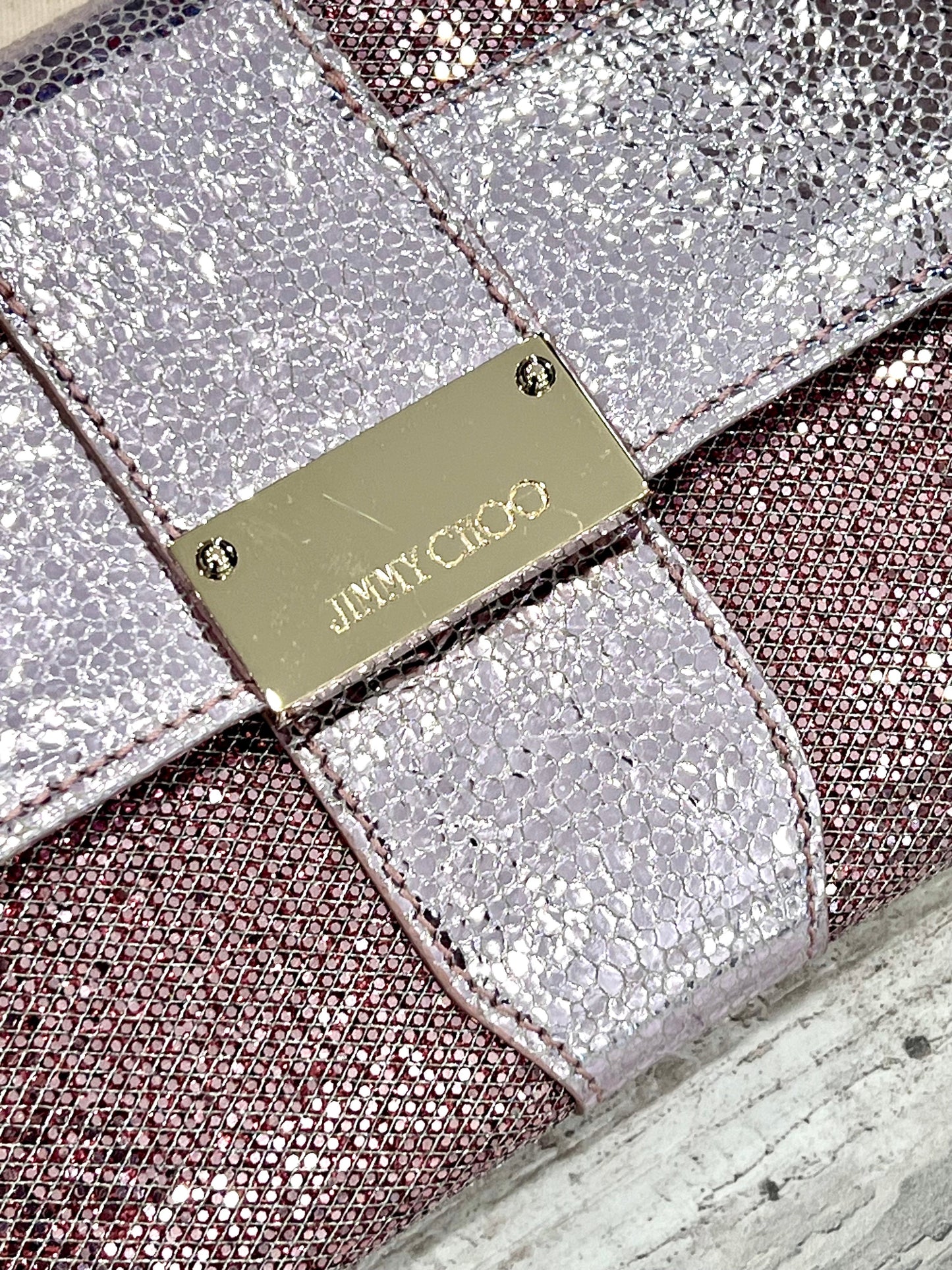 JIMMY CHOO METALLIC PINK LEATHER GLITTER UBAI CLUTCH BAG