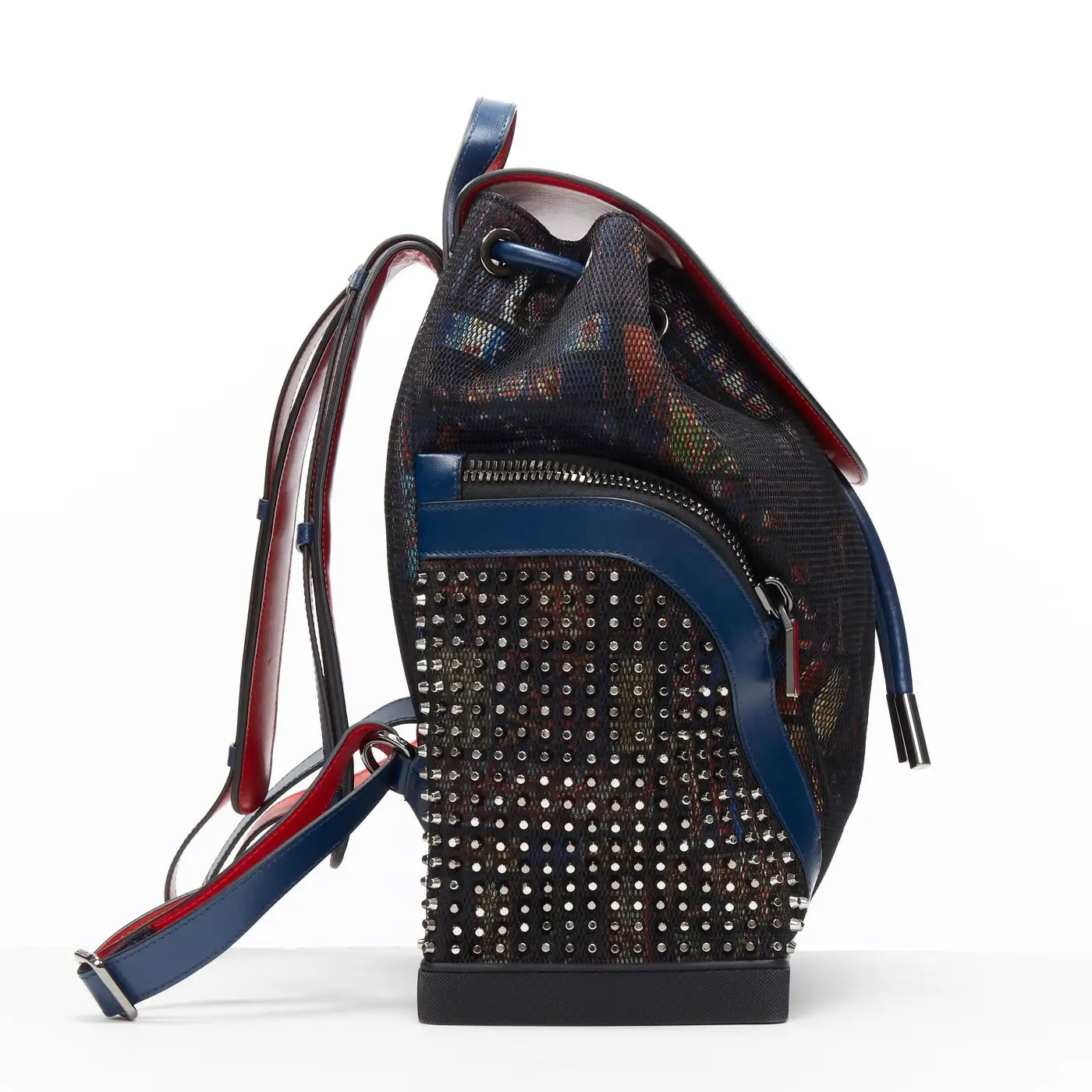 LOUBOUTIN EXPLORAFUNK STUDDED PRINTED MESH LEATHER TRIMMED BACKPACK