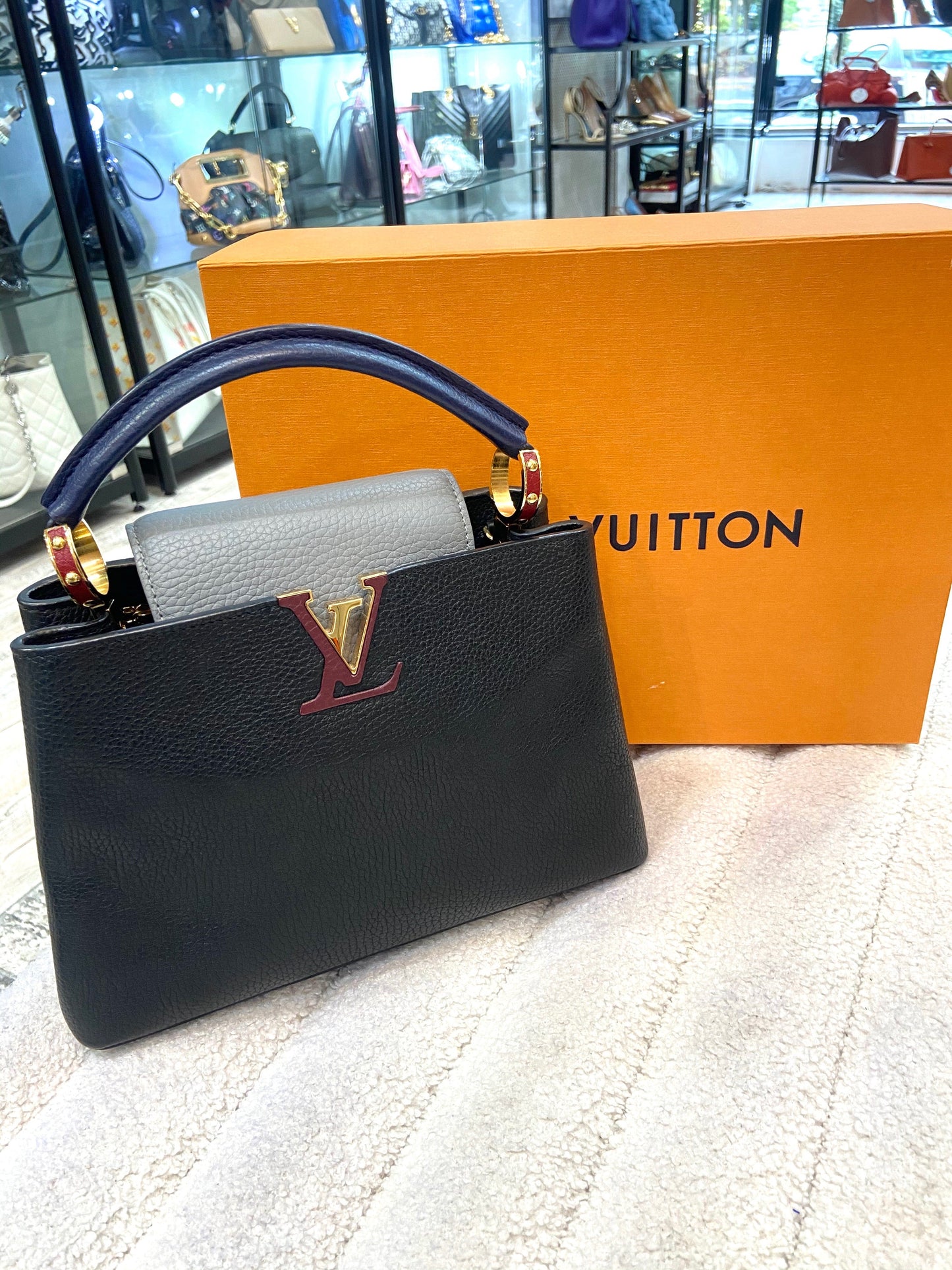 LOUIS VUITTON CAPUCINES TAURILLON LEATHER PM TRI-COLOR HANDBAG