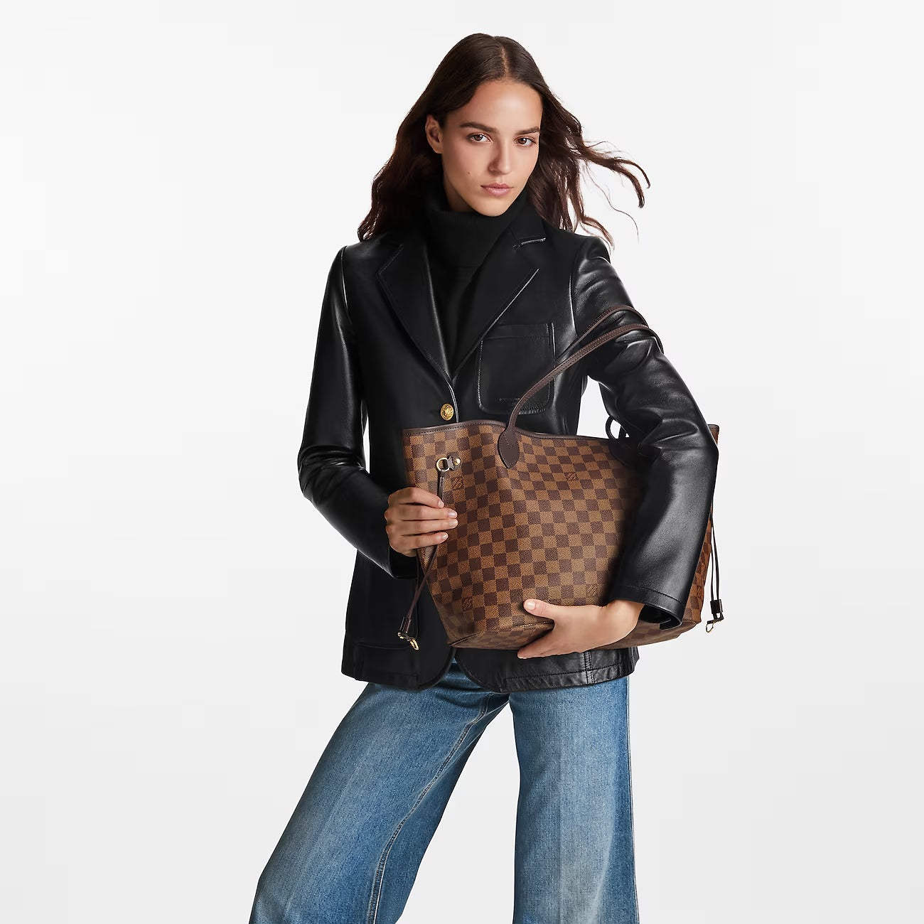 LOUIS VUITTON DAMIER EBENE NEVERFULL MM TOTE BAG CERISE RED