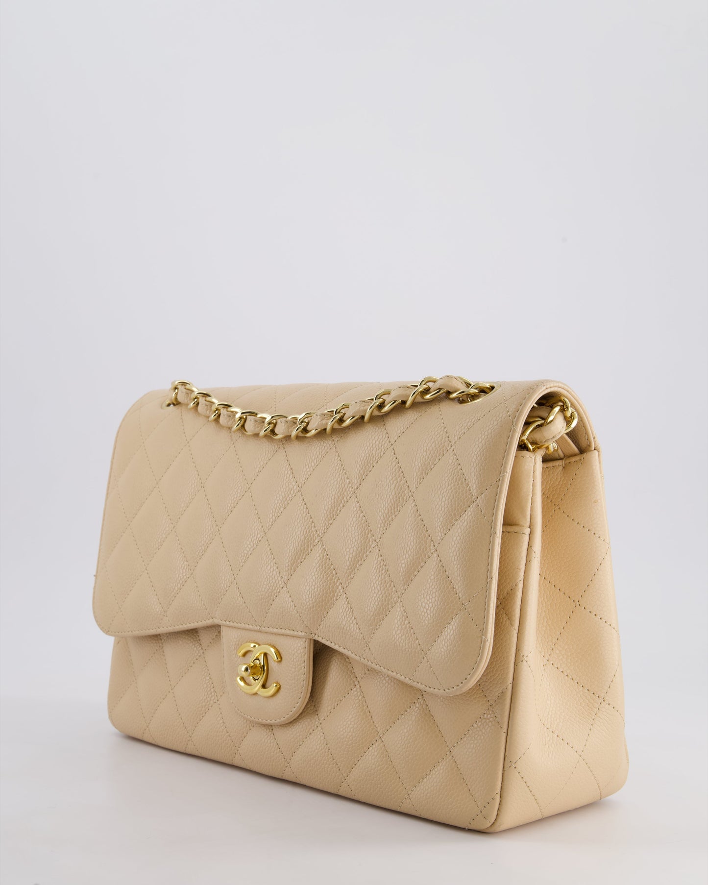 Chanel Beige Jumbo Classic Double Flap Bag in Caviar Leather with Gold Hardware