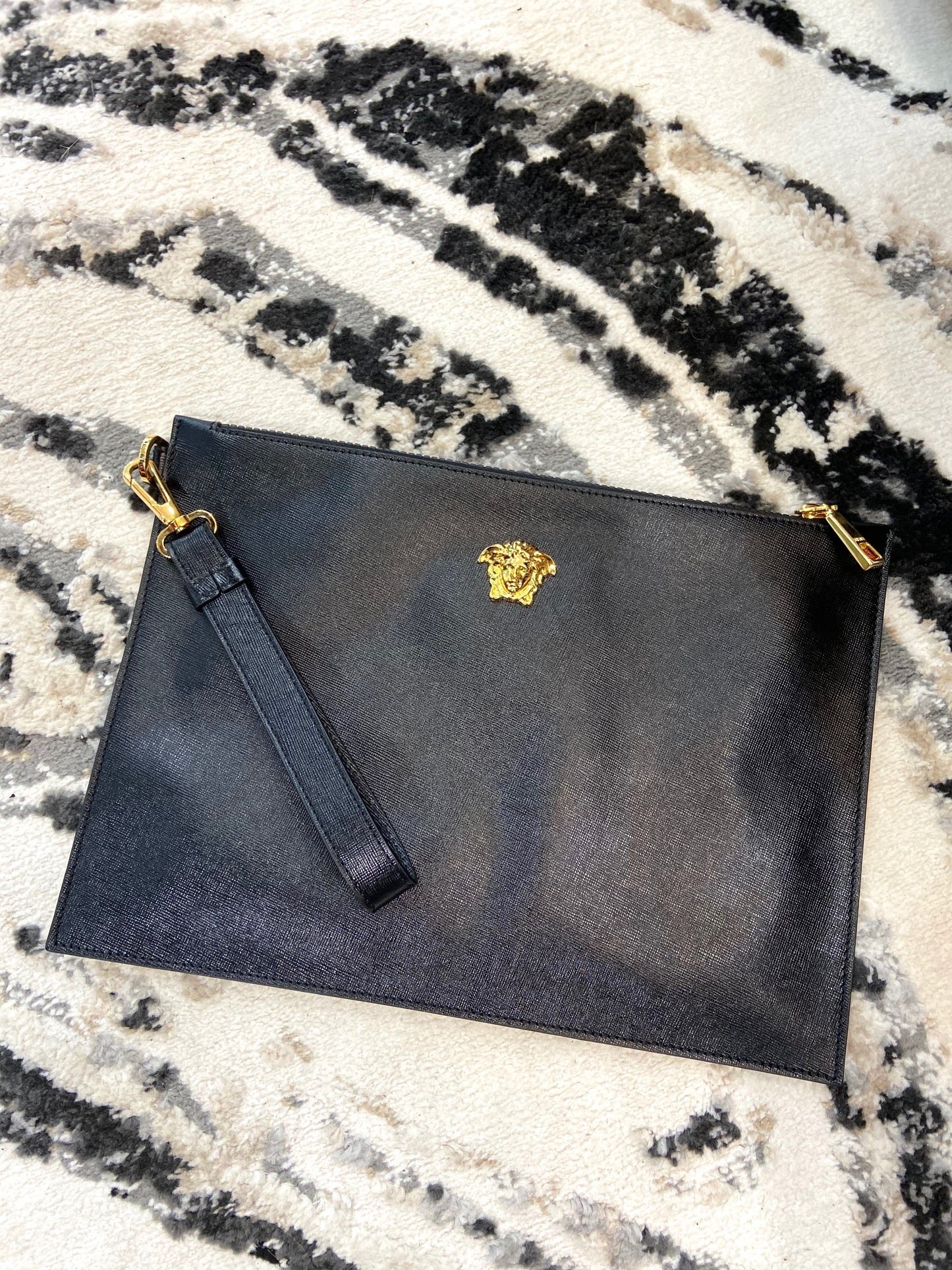 VERSACE LA MEDUSA GRAINED CALFSKIN LEATHER CLUTCH WRISTLET
