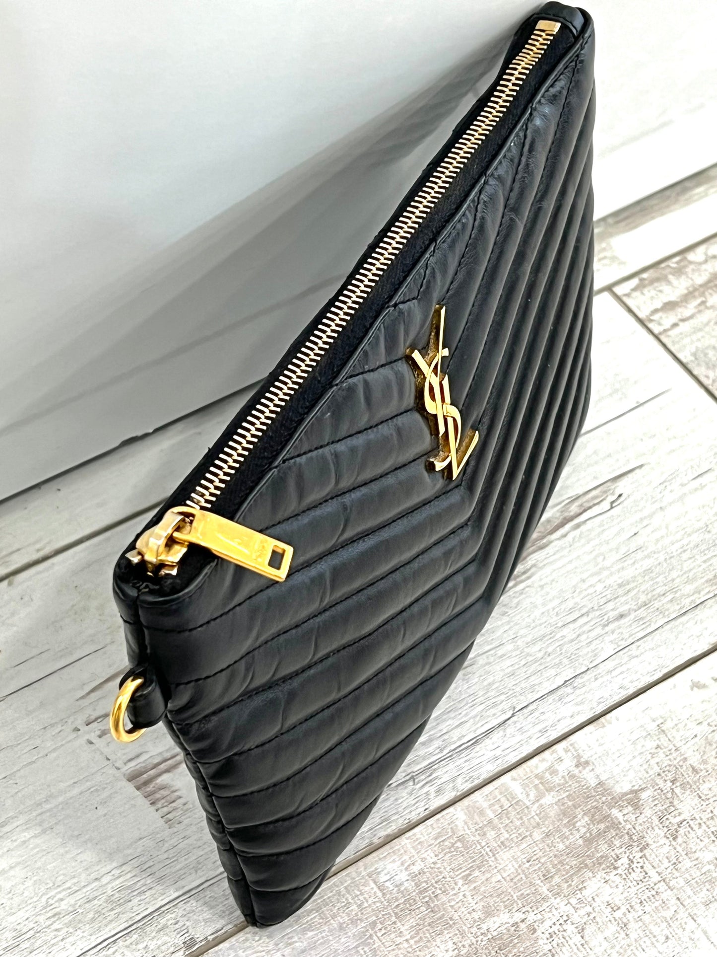 YSL CALFSKIN MATELASSE MONOGRAM CASSANDRE CLUTCH BAG