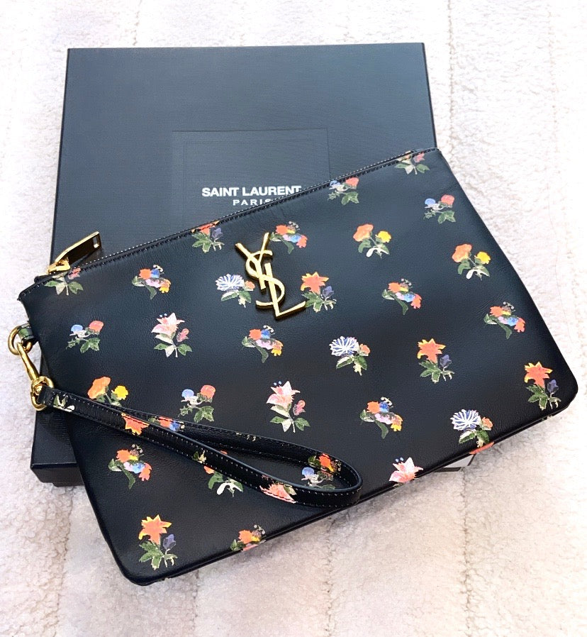 YVES SAINT LAURENT MONOGRAM PRAIRIE FLOWER WRISTLET CLUTCH
