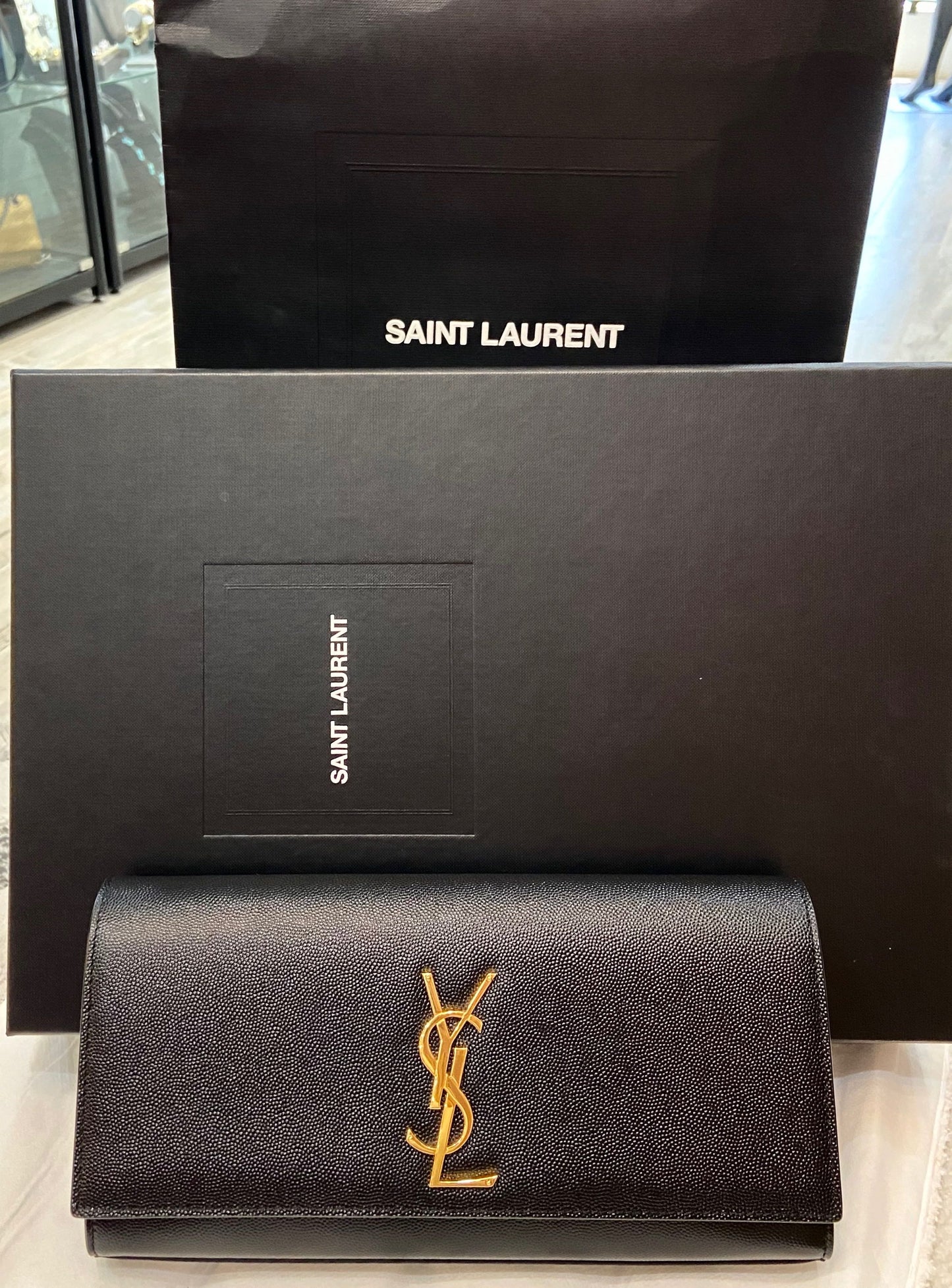 YSL BLACK CLUTCH WITH GOLD HARDWARE
