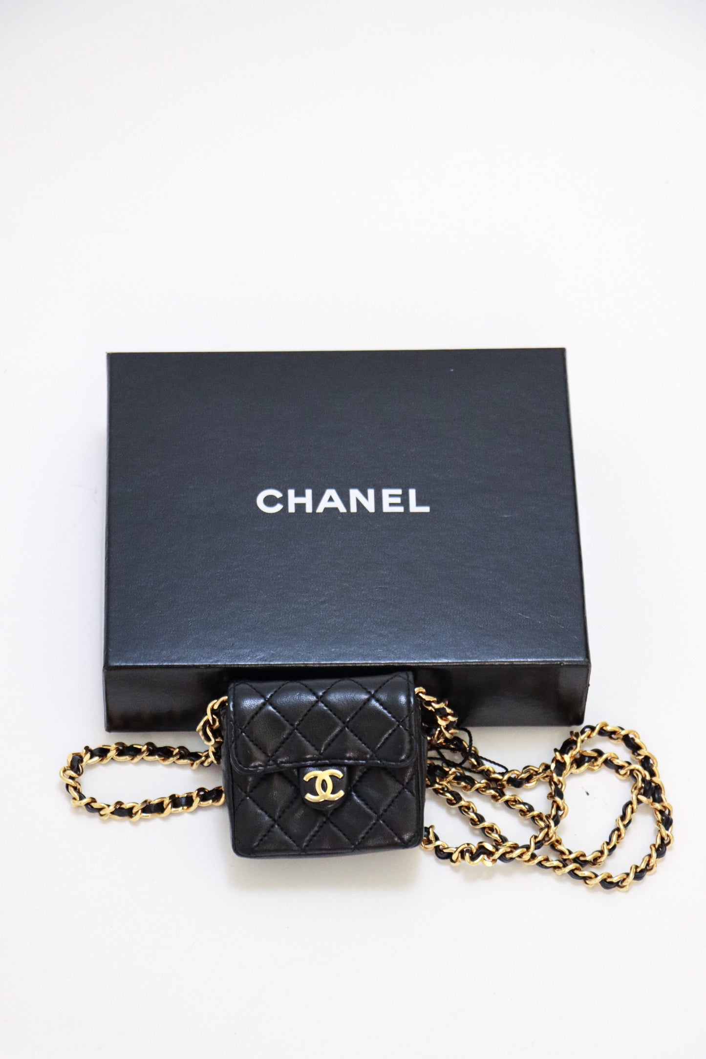 Chanel Black Mini Quilted Leather Coin Purse with Chain Strap