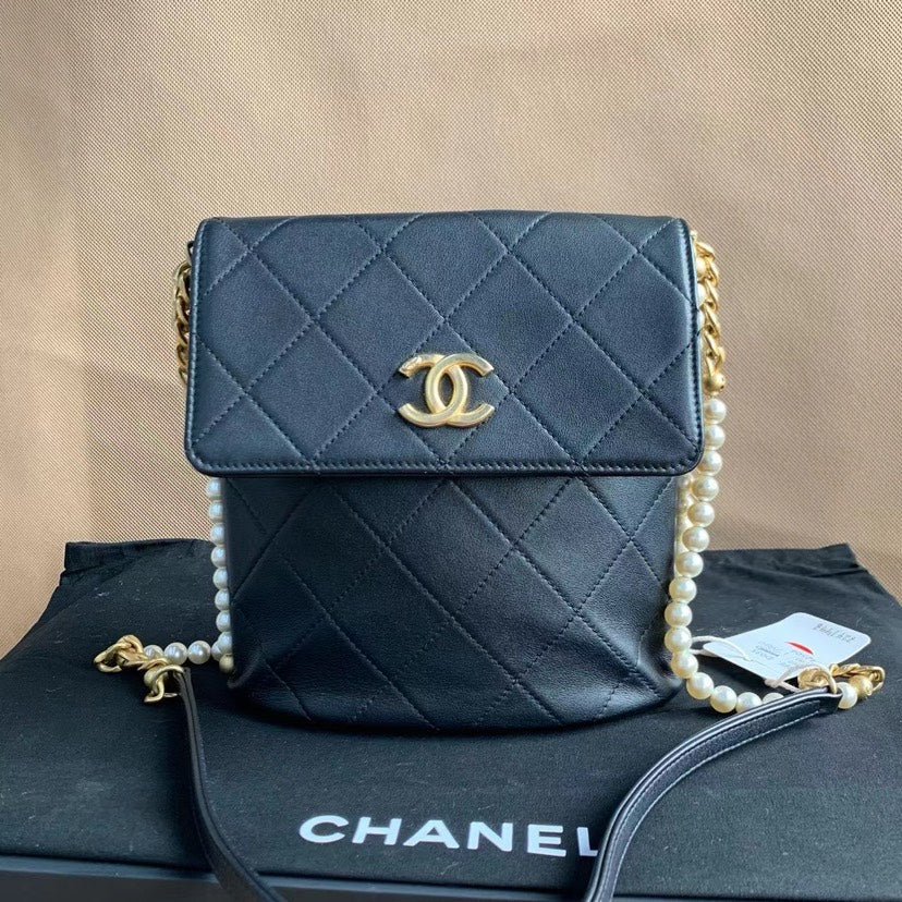 Chanel Black Quilted Leather Flap Bag with Pearl Chain Medium Size