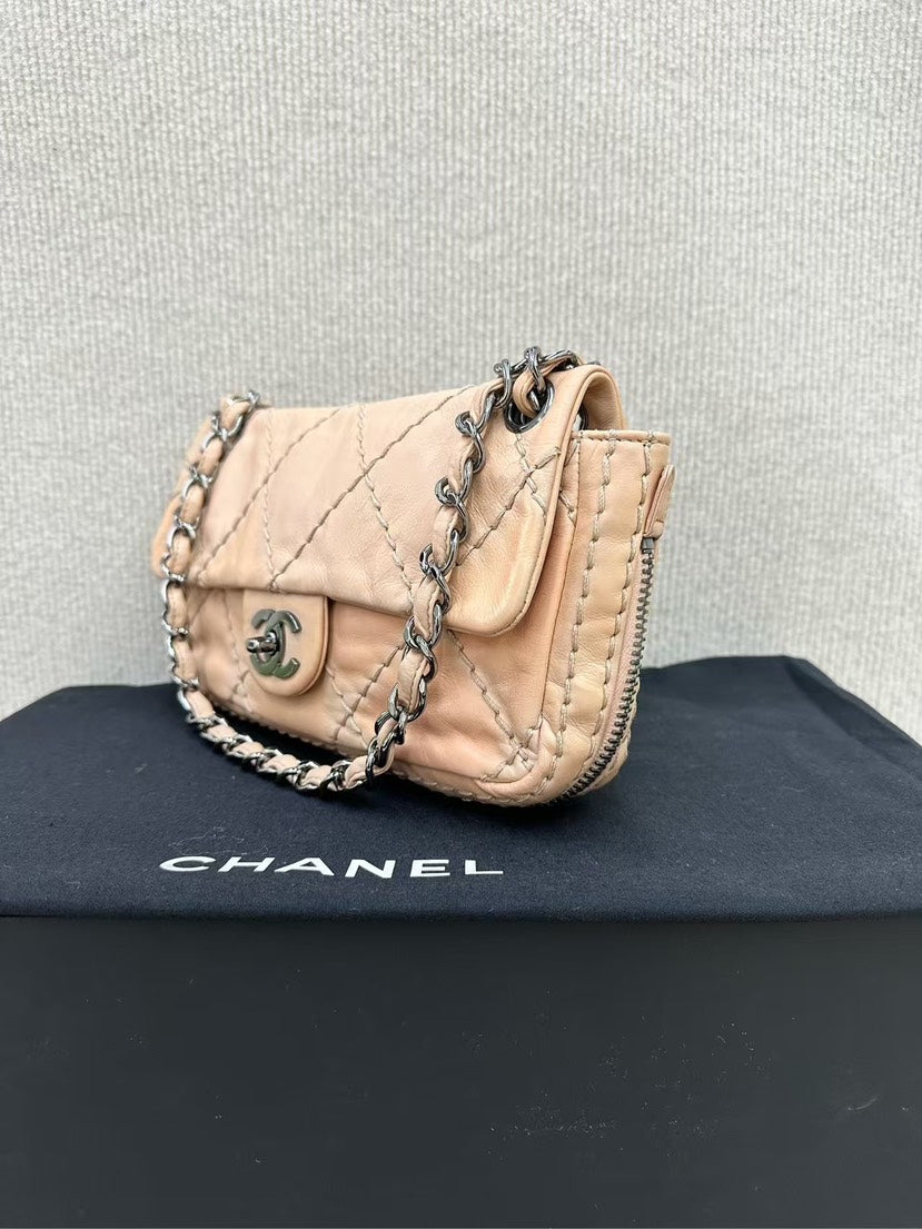 Chanel Beige Quilted Leather Chain Shoulder Bag Small