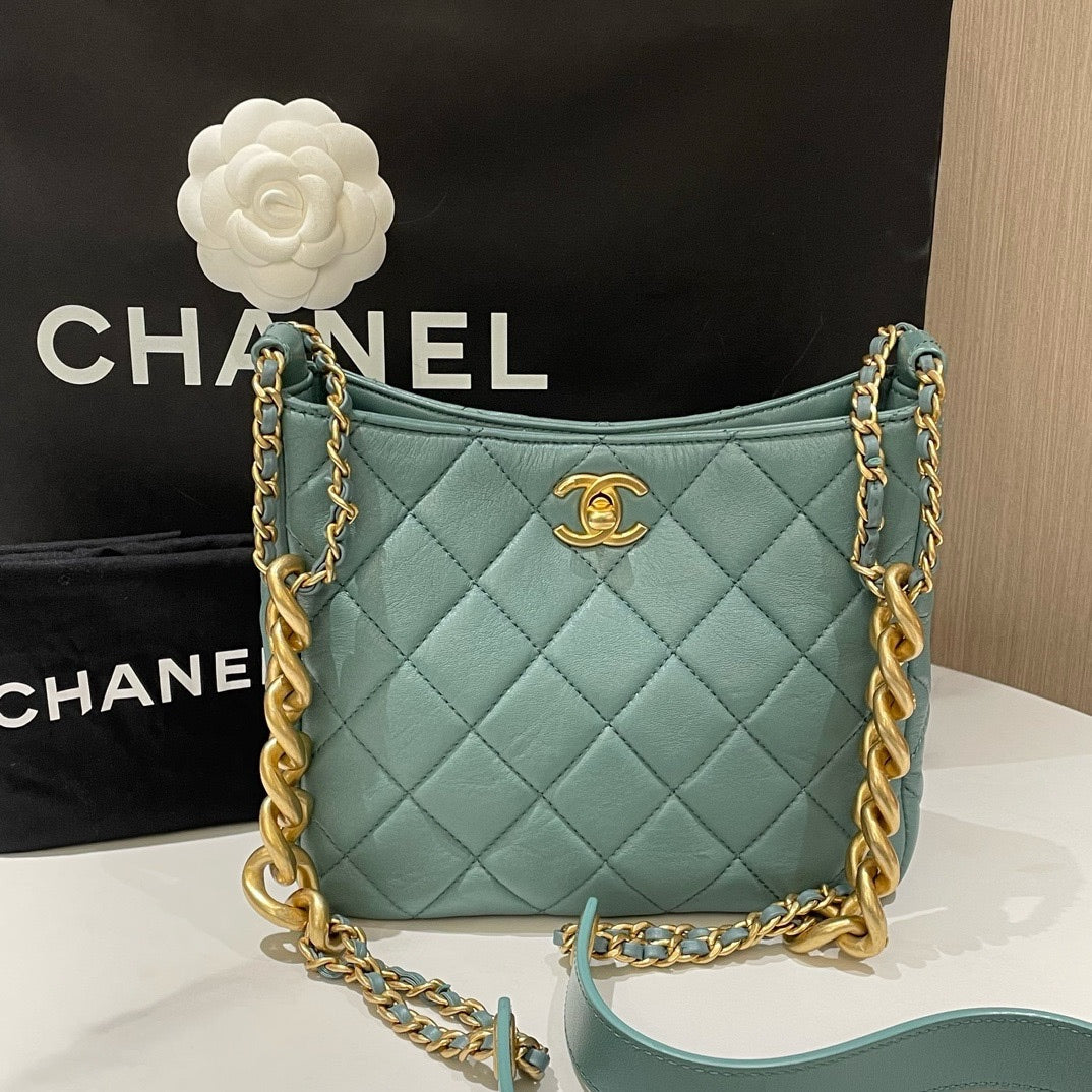 Chanel 22p Hobo Bag Mint Green Quilted Leather Medium Size Gold Chain Strap