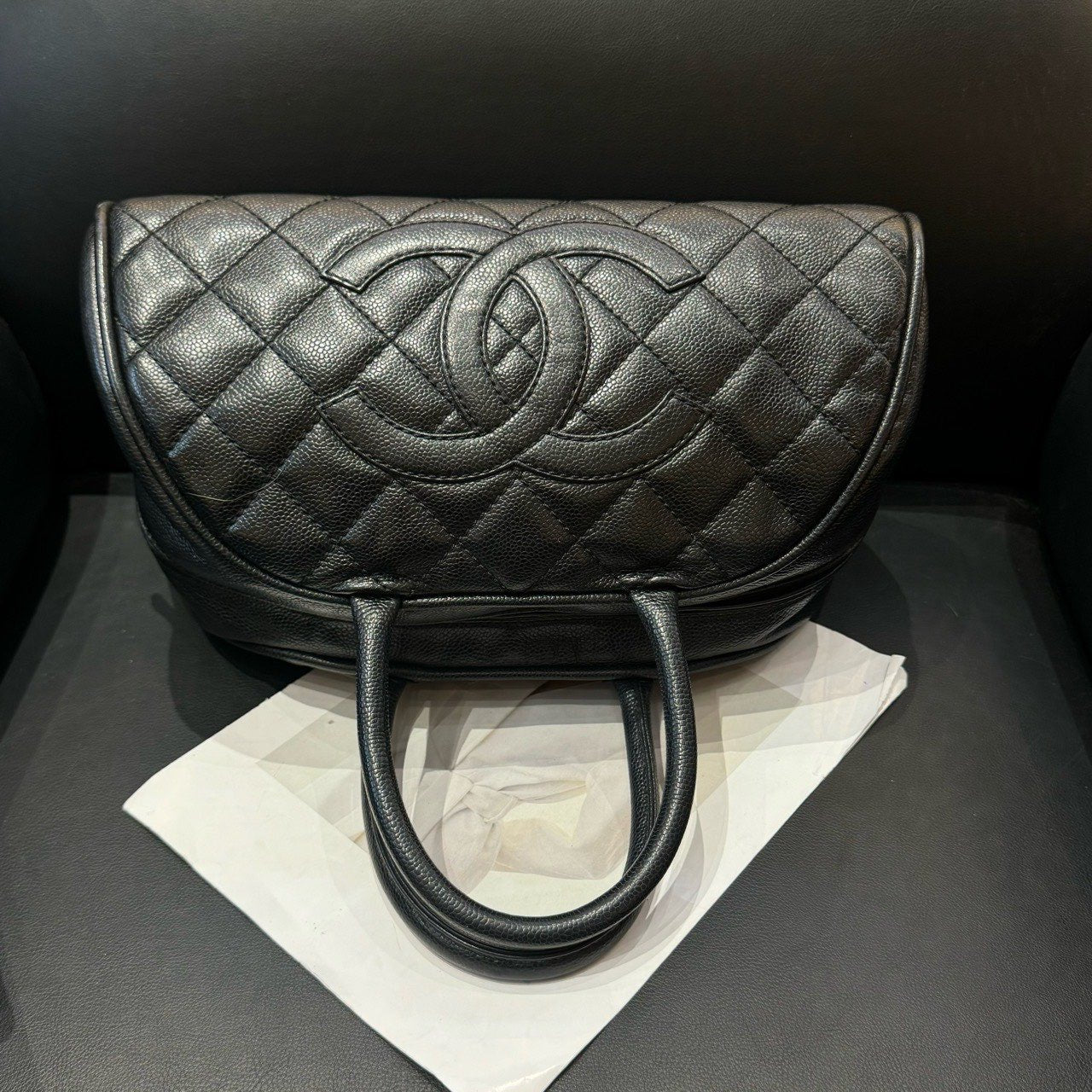 Chanel Black Quilted Caviar Bowler Bag Large