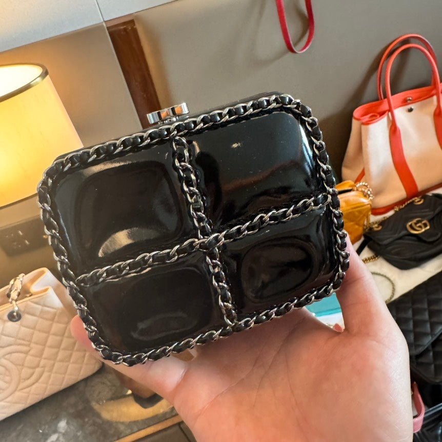 Preloved Chanel Black Chain Embellished Leather Clutch Bag