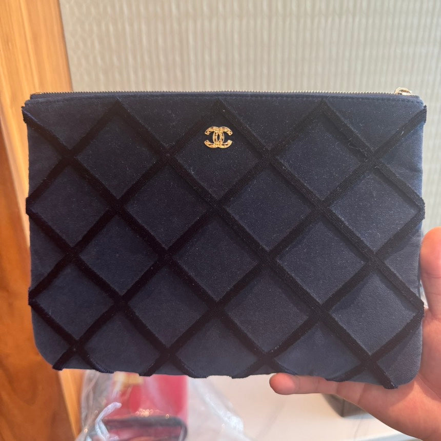 Preloved Chanel Navy Clutch Bag Quilted Suede