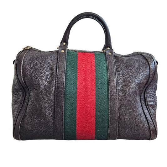 Gucci Brown Web Boston Leather Bag