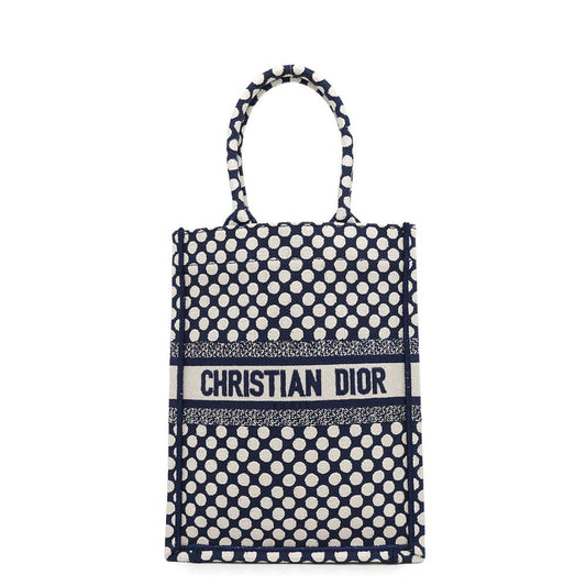 Dior Vertical Book Tote Dot White/Navy Canvas