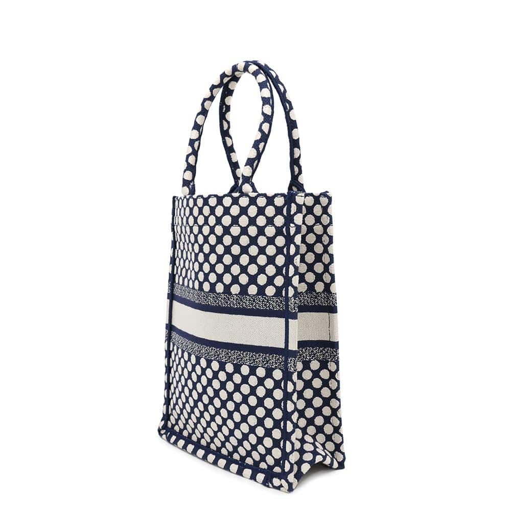 Dior Vertical Book Tote Dot White/Navy Canvas