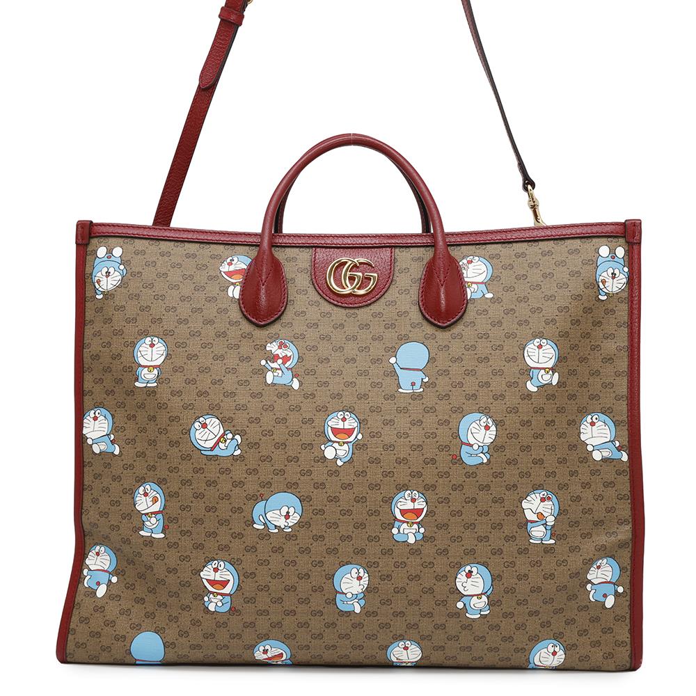 GUCCI Doraemon Collaboration Mini GG Supreme 2way Tote Bag Brown/Red653952 Mini GG Supreme Canvas Leather