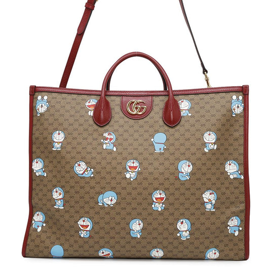 GUCCI Doraemon Collaboration Mini GG Supreme 2way Tote Bag Brown/Red653952 Mini GG Supreme Canvas Leather