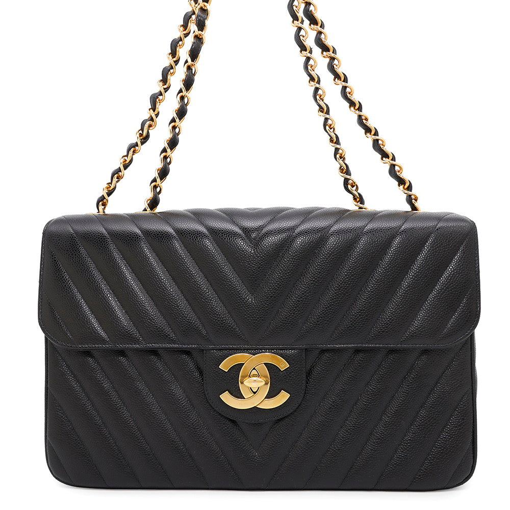 CHANEL V Stitch ChainShoulder Bag BlackA03660 Caviar Leather Size 34