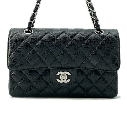 CHANEL Matelasse W Flap ChainShoulder Bag Black Caviar Leather Size 23