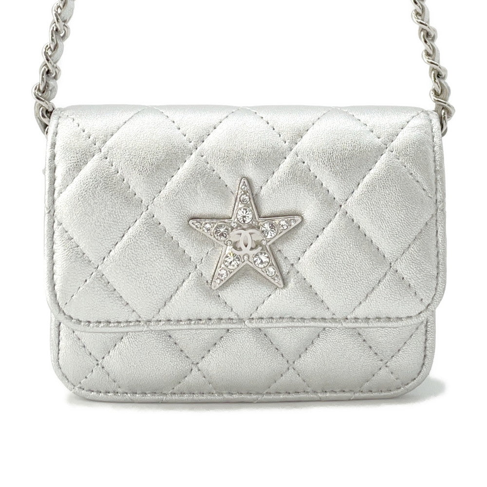 CHANEL Matelasse Star Motif Chain Case Silver Lambskin