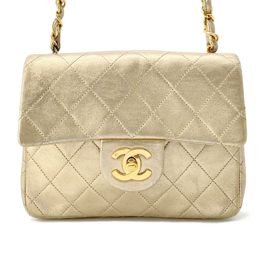 CHANEL Mini Matelasse ChainShoulder Bag Gold Lambskin Size 18