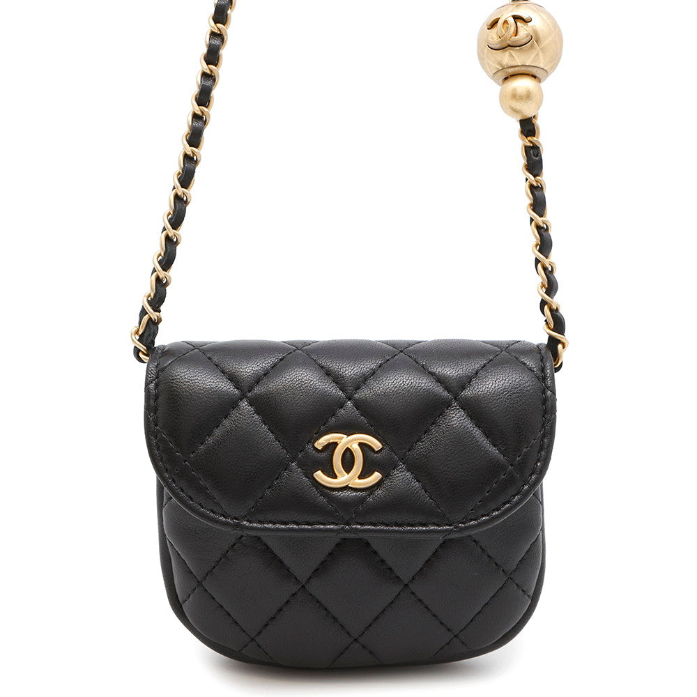 CHANEL Matelasse Ball Chain Mini Pouch Black Lambskin