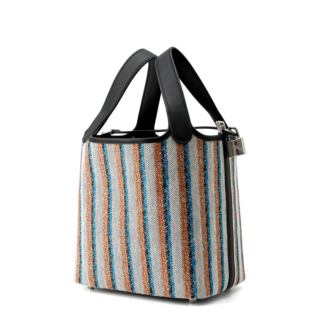 HERMES Picotin Lock Blanket Black /Ecru/Fauve/Blue Zanzibar Toile H Swift Leather Size PM