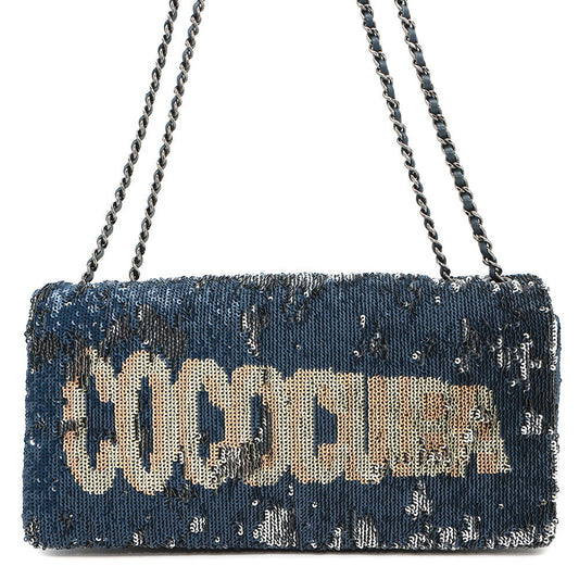CHANEL Coco Cuba ChainShoulder Bag Navy/Silver Sequins Leather